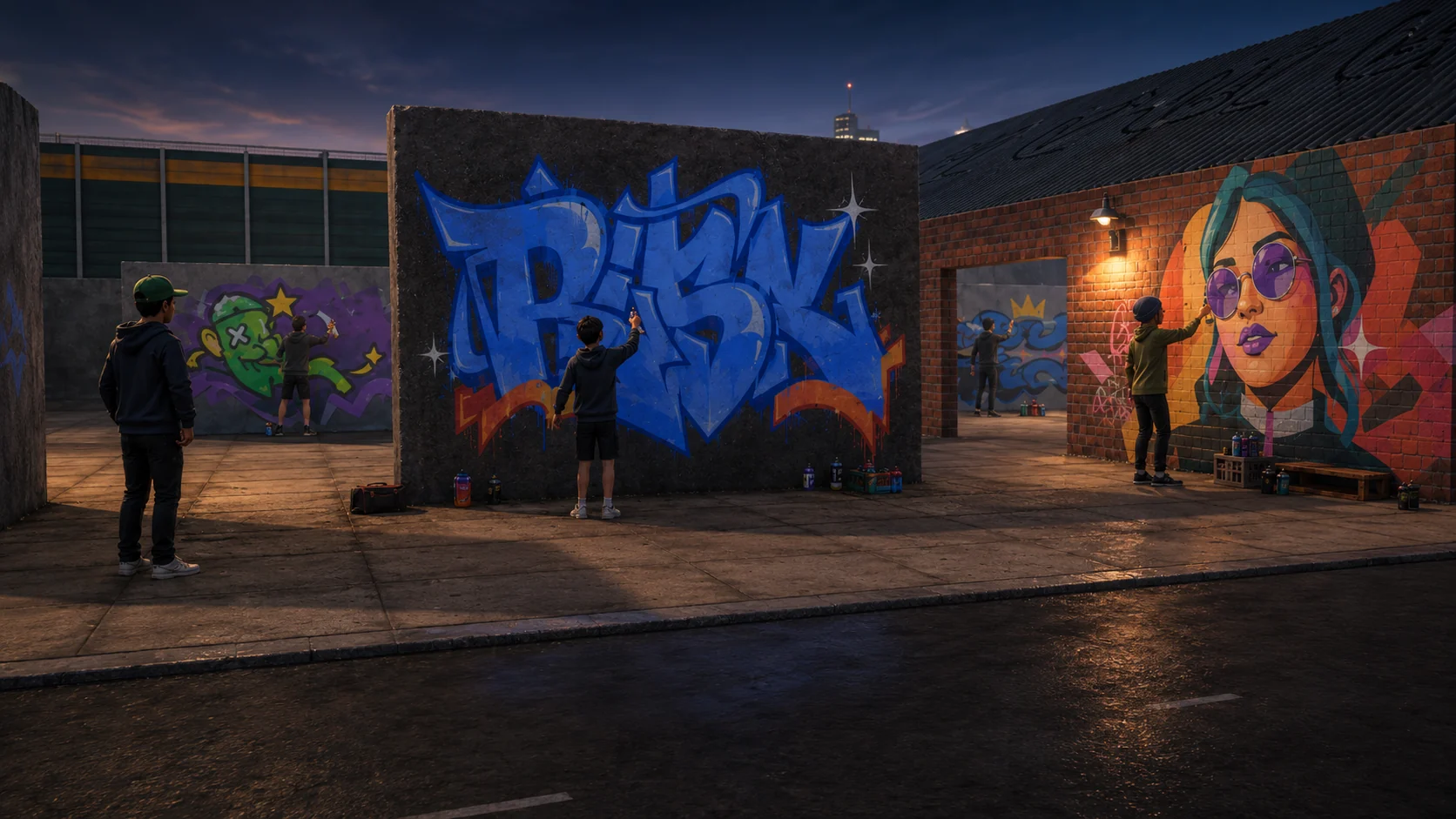 Artists painting together in a shared virtual industrial world